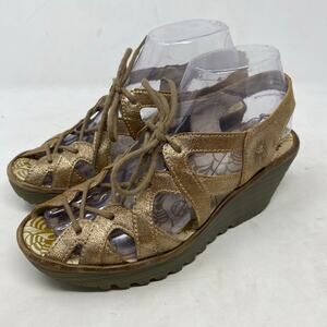 Fly London Yexa Gold Wedge Heel Shoes Womens Size 6